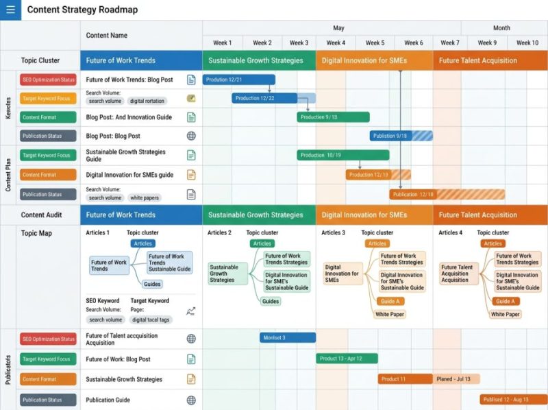Detailed content strategy roadmap with topic clusters and an editorial calendar for SEO and lead generation.