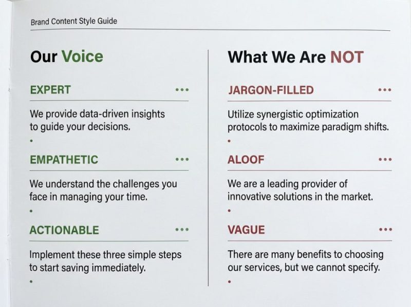 A detailed brand content style guide document open to a page showing guidelines for voice, tone, and messaging for consistent content.
