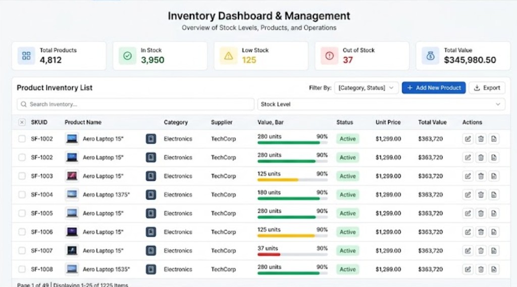 Inventory dashboard showing stock levels, product list, and warehouse management