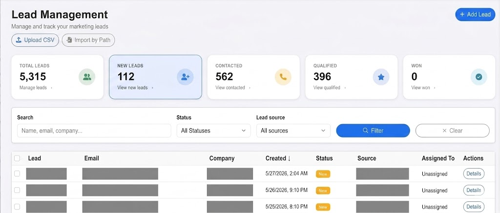 Lead management dashboard with pipeline stats, filters, and lead capture table