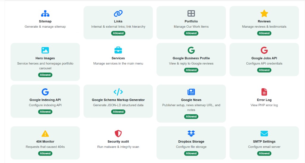 Permission management dashboard with role-based access controls for CRM modules and features