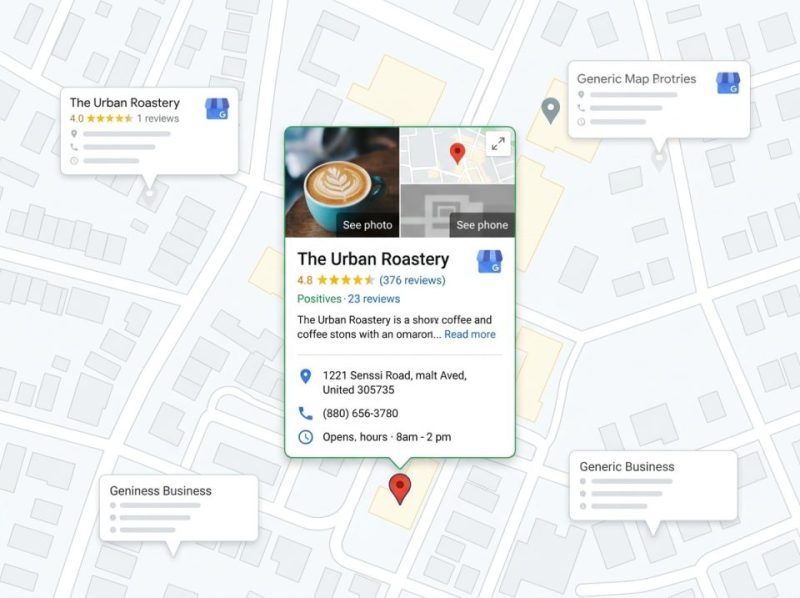 Illustration of a map with a highlighted business location, showing optimized Google Business Profile data for improved local search visibility.